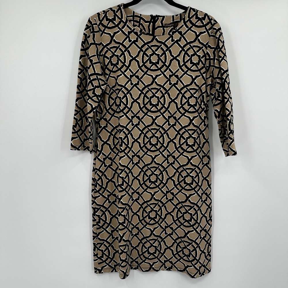 J.McLaughlin Tan Black Geometric Trellis Sheath Dress 3/4 Sleeve Womens Size M
